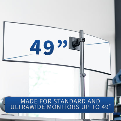 Pole mounted monitor bracket for ultrawide or standard screens with a quick-release bracket and tilt, swivel, and rotation.