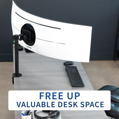 Pole mounted monitor bracket for ultrawide or standard screens with a quick-release bracket and tilt, swivel, and rotation.