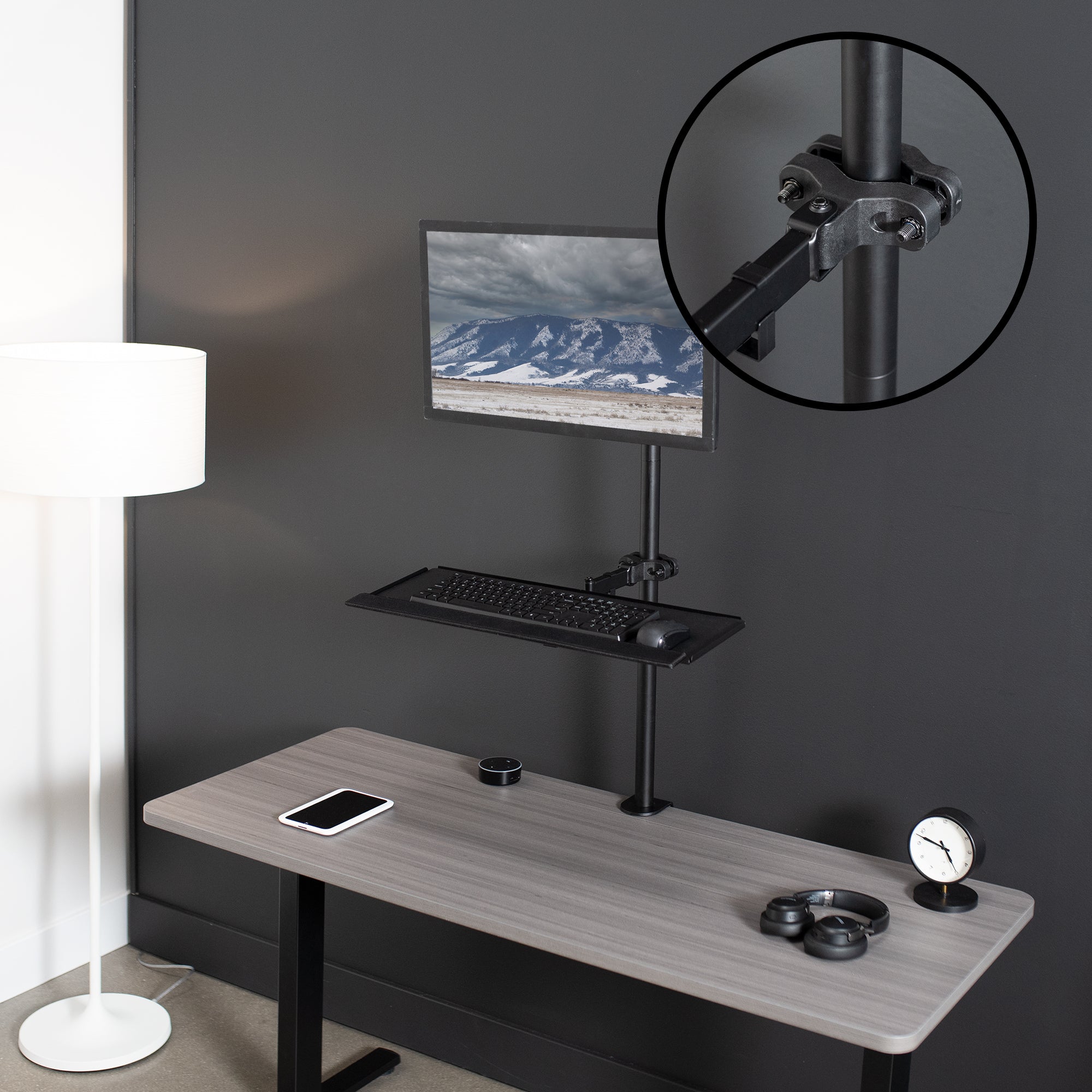 Pole Mount Tilting Keyboard Tray on desk in office space