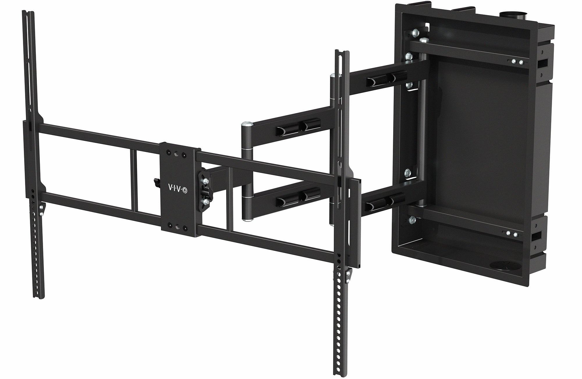 A black large TV wall mount with an adjustable arm and mounting hardware.