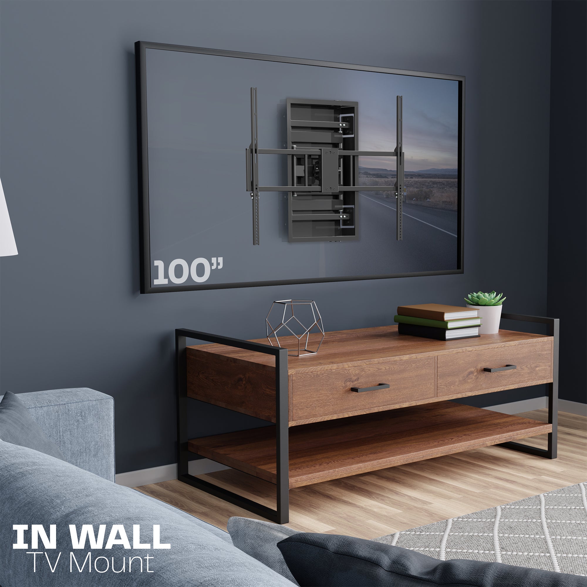 A black large TV wall mount on a dark wall in a living room. 