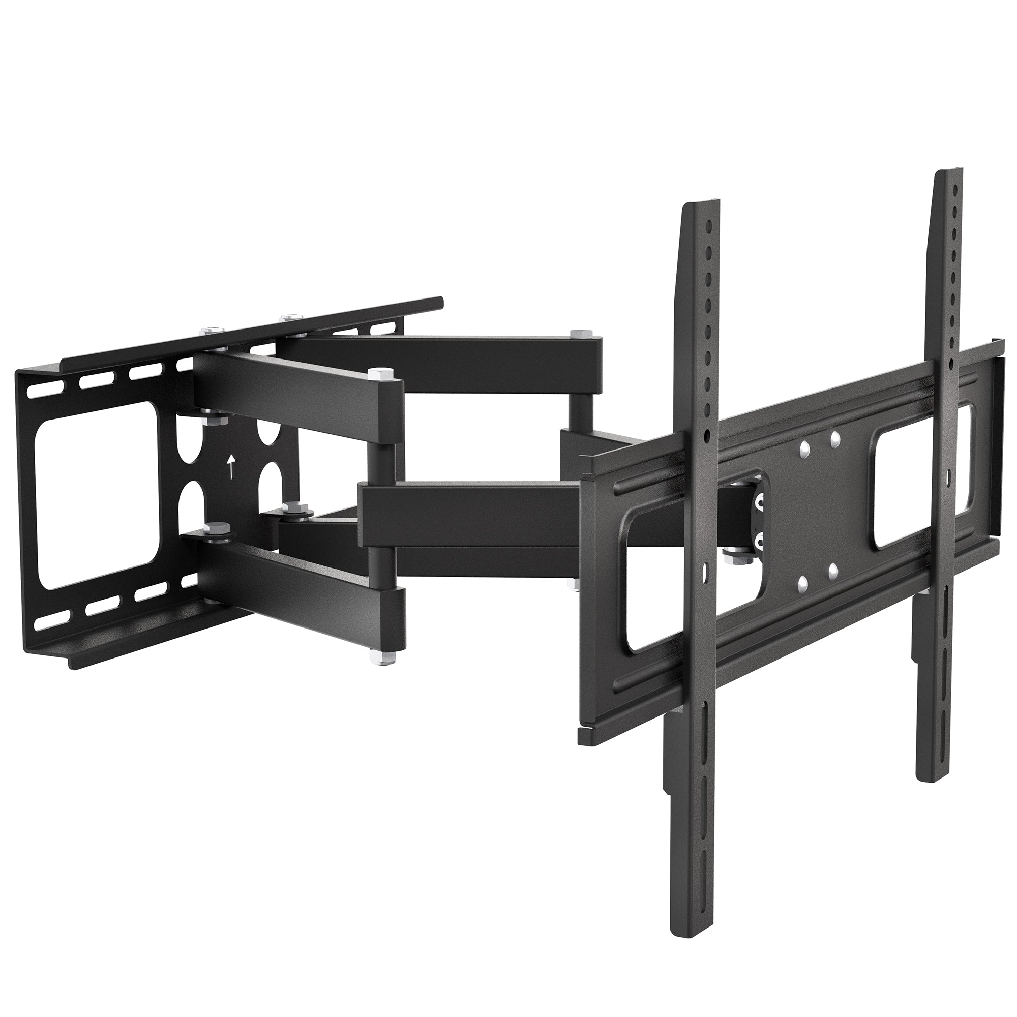 Black full motion TV wall mount with adjustable arms for mounting televisions to the wall.