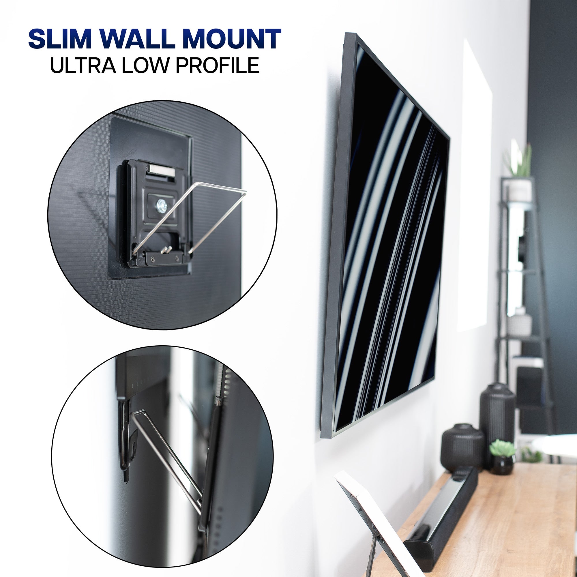 Micro gap ultra low profile slim TV wall mount with adjustable VESA brackets, easy cable access, protective padding, and a simple installation process.