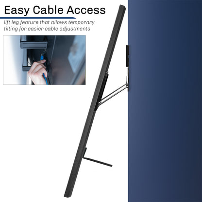 Black adjustable micro gap tv wall mount with lift leg feature for cable access, on a white background.