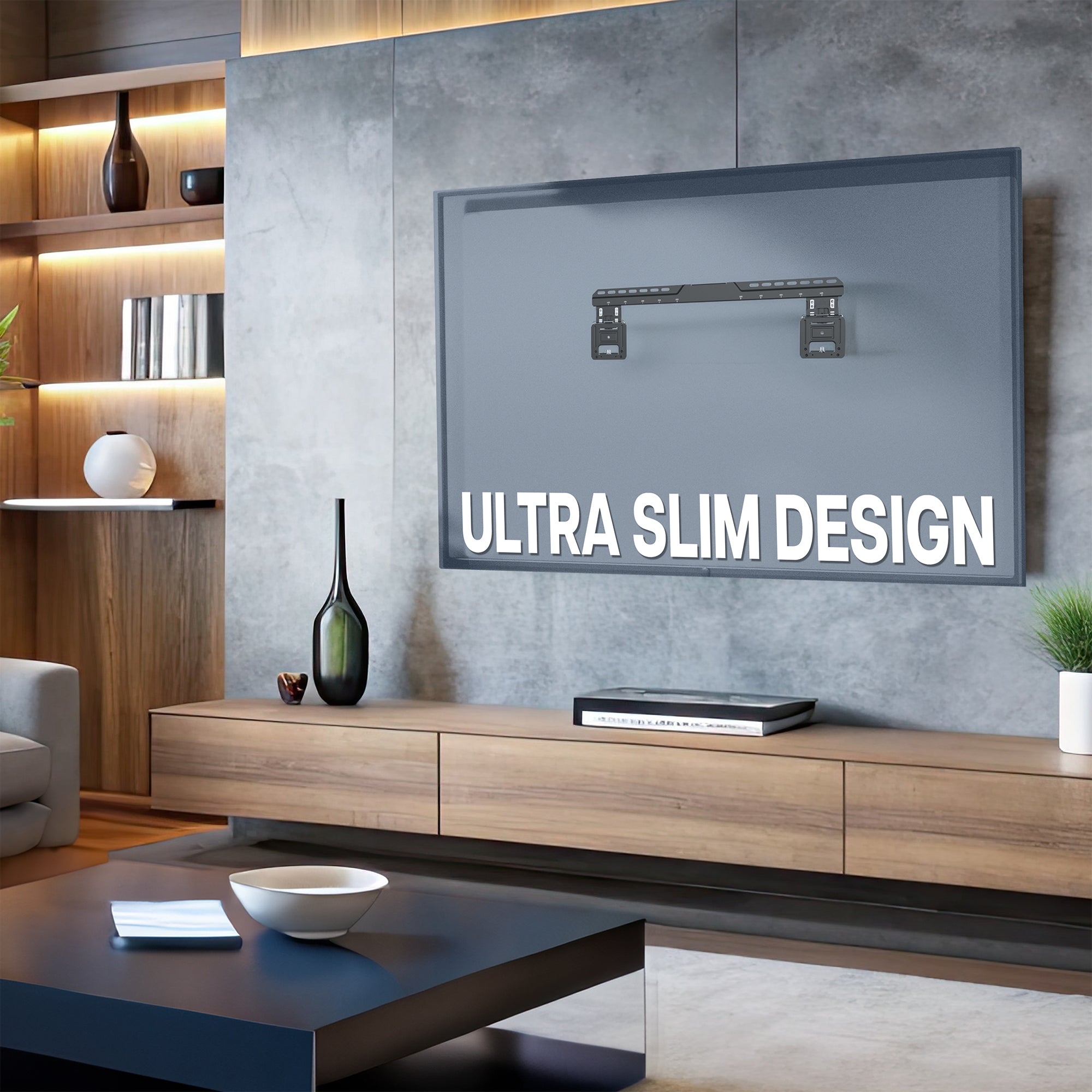 Micro gap ultra low profile slim TV wall mount with adjustable VESA brackets, easy cable access, protective padding, and a simple installation process.