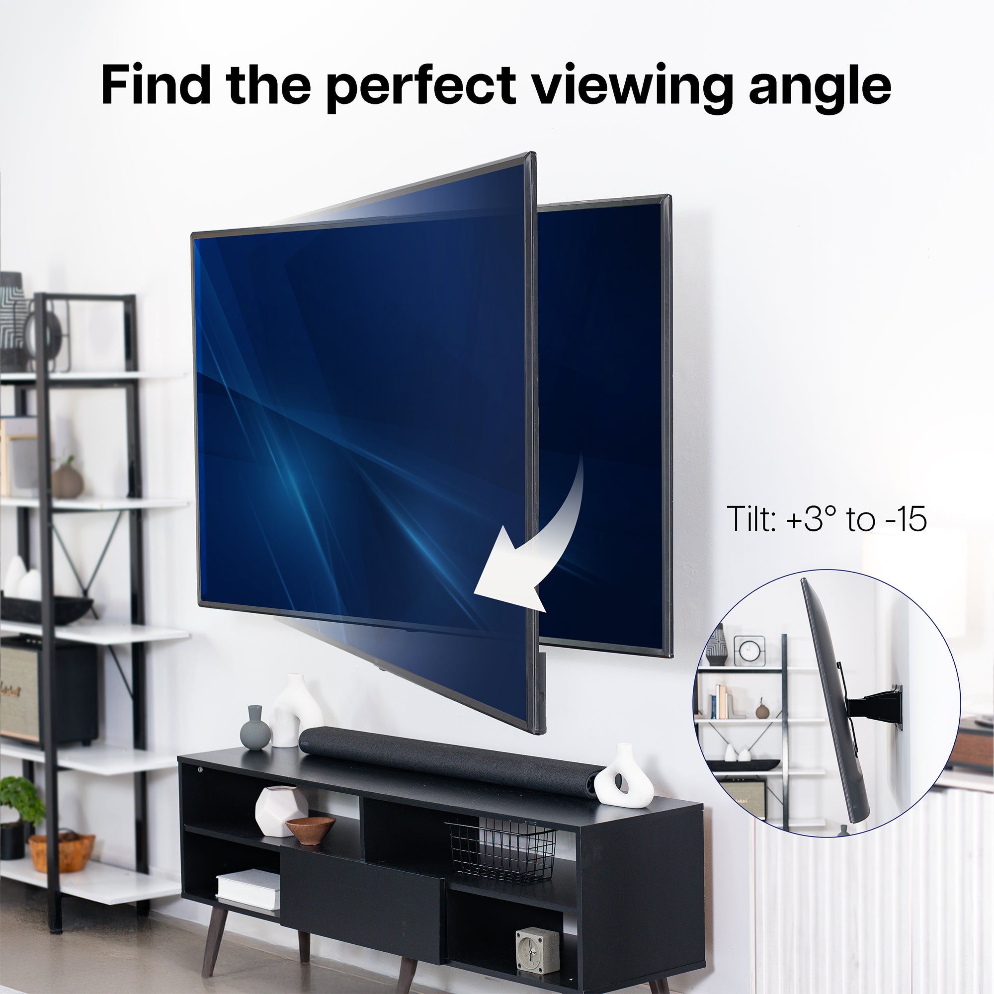 TV mounted on a wall with adjustable tilt feature, showing a living room setting.