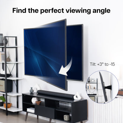 TV mounted on a wall with adjustable tilt feature, showing a living room setting.