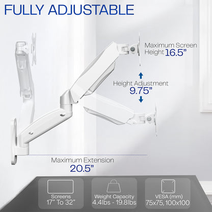 Sturdy adjustable mechanical arm single monitor ergonomic wall mount for office workstation.