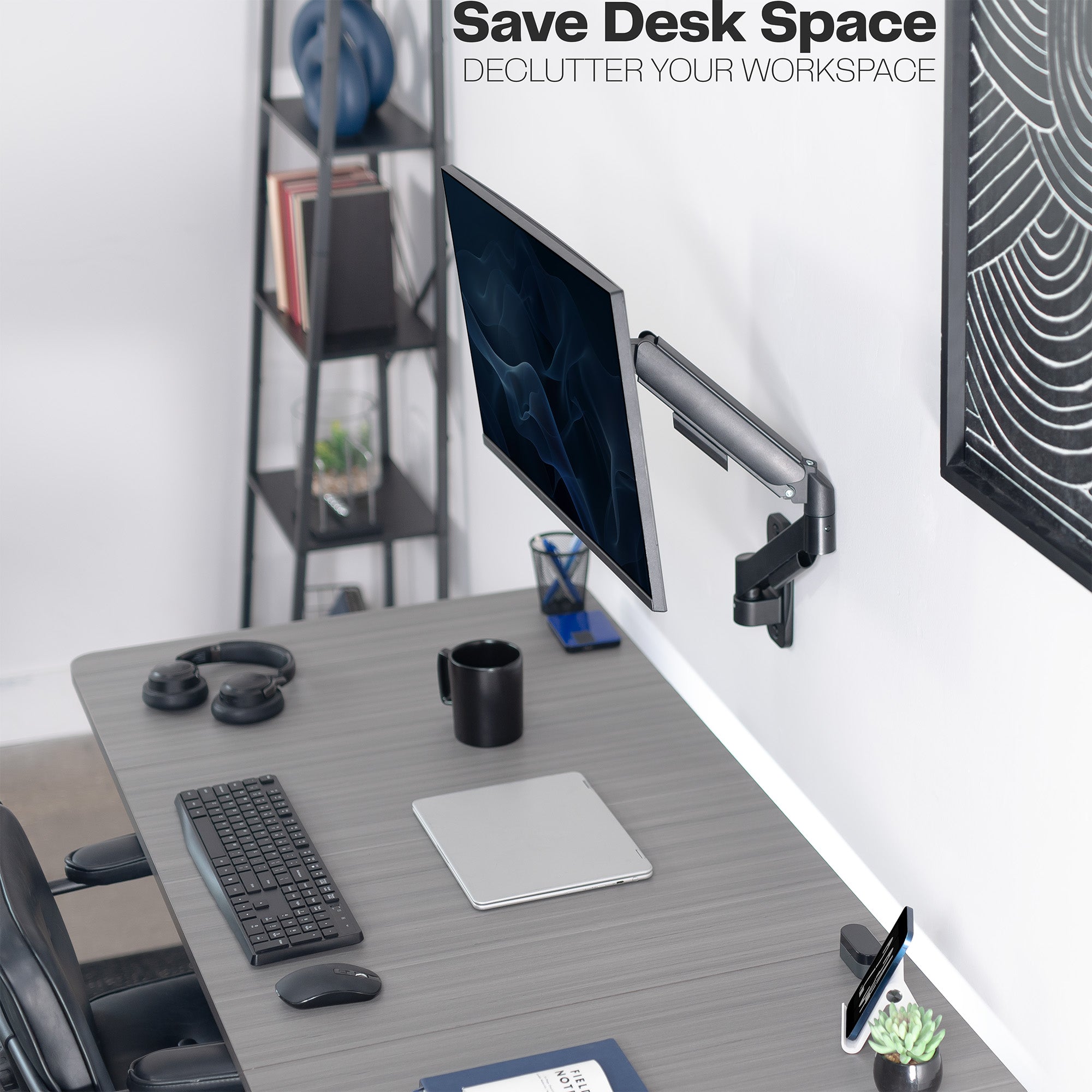 Sturdy adjustable mechanical arm single monitor ergonomic wall mount for office workstation.