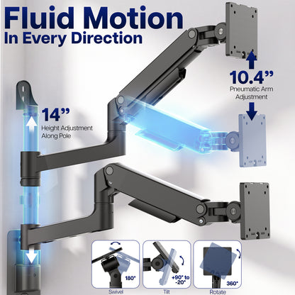 Pneumatic Arm Dual Ultrawide Monitor Wall Mount - Up to 49" Screens