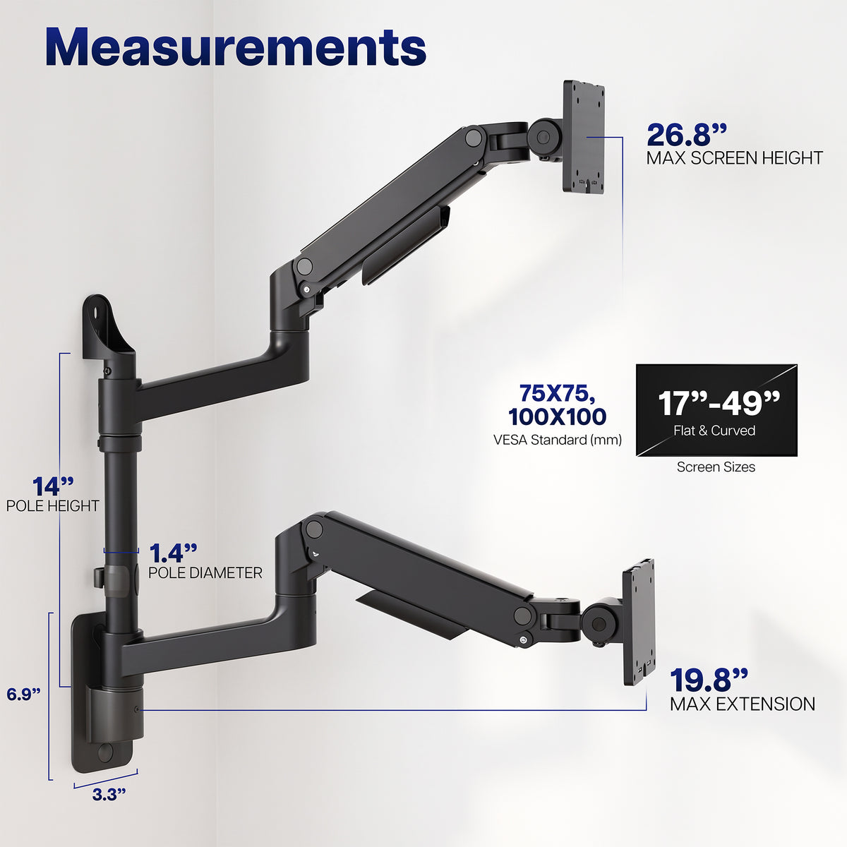 Pneumatic Arm Dual Ultrawide Monitor Wall Mount - Up to 49" Screens