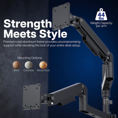 Pneumatic Arm Dual Ultrawide Monitor Wall Mount - Up to 49" Screens