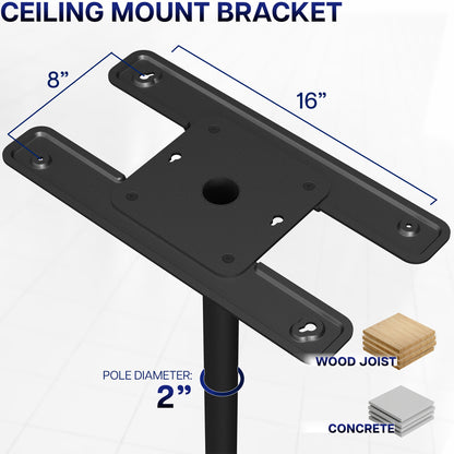 Ceiling mount bracket with dimensions and material compatibility on a white background