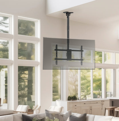 Modern living room with a large TV mounted from the ceiling.