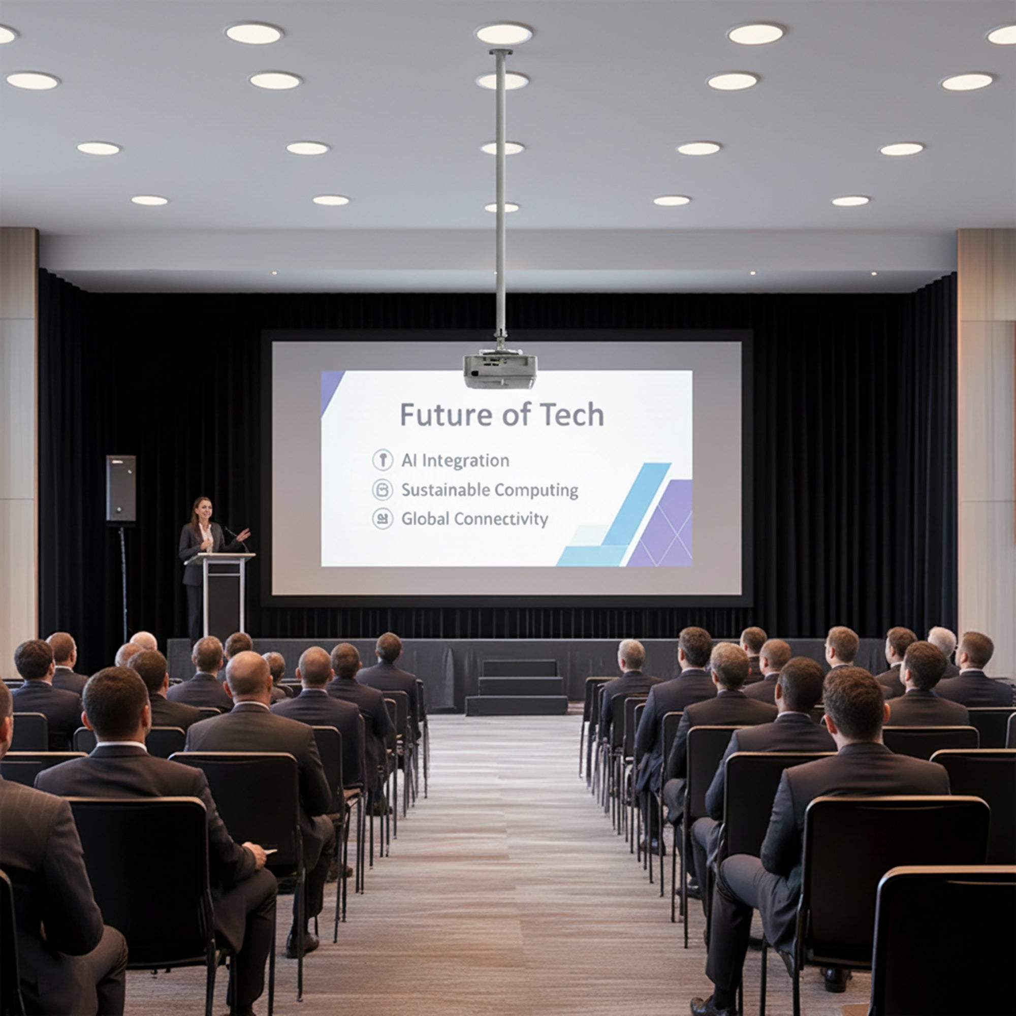 Conference room with a presenter and audience on a screen displaying 'Future of Tech'.