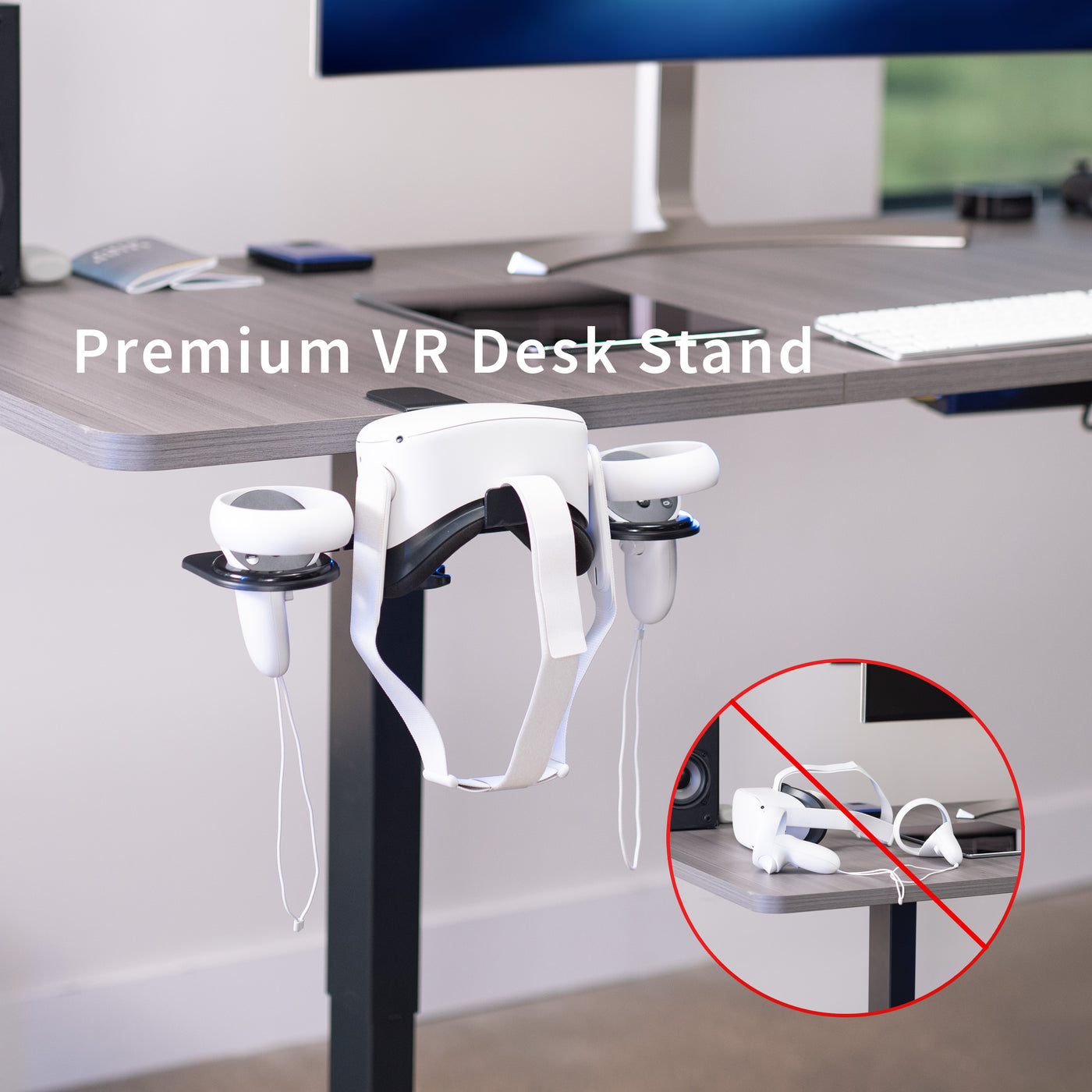 Clamp-on VR headset stand that mounts to desk for storage and convenient access.