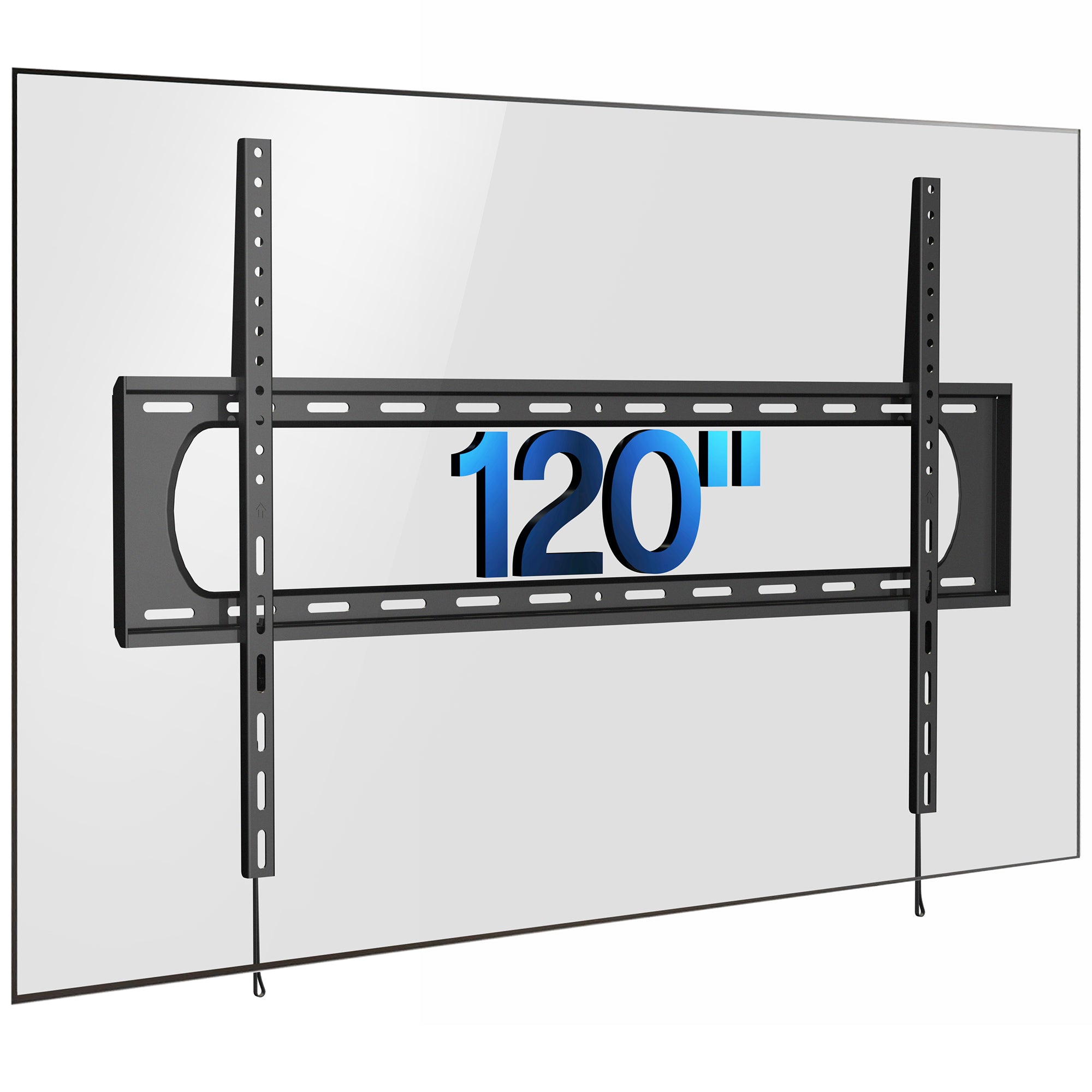 A black TV wall mount with a labeled screen size indicating the maximum size it can support.