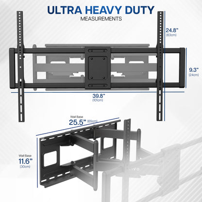 Ultra heavy-duty TV wall mount with detailed measurements on a white background