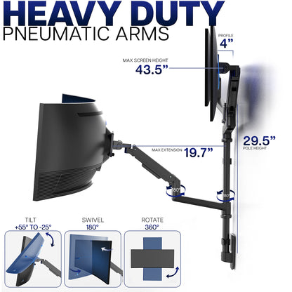 Heavy-duty pneumatic arm with specifications on a white background
