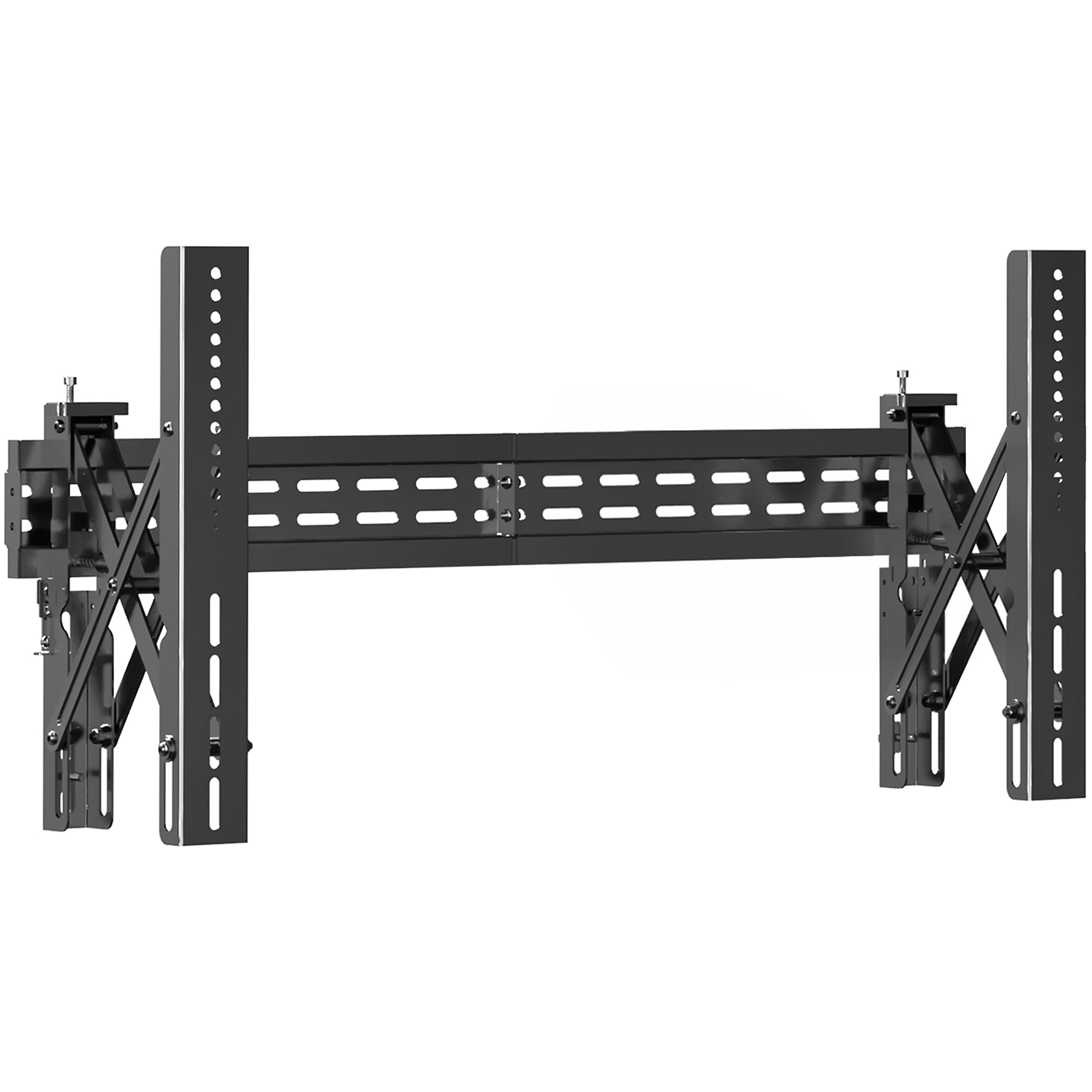 A black VESA wall mount showing a sturdy landscape-oriented design with multiple holes for adjustment.