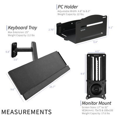 Single monitor height adjustable wall mount, articulating wall mounted keyboard tray, and PC wall mount with adjustable straps.
