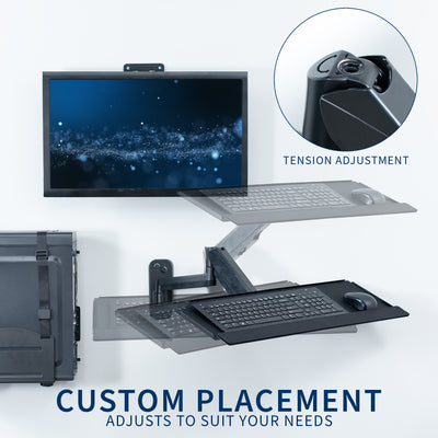 Single monitor height adjustable wall mount, articulating wall mounted keyboard tray, and PC wall mount with adjustable straps.