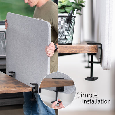 Simple installation clamp-on desk privacy panel for office workspace.
