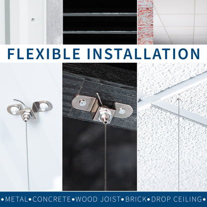 Acoustic ceiling waffle panel with adjustable suspension cables for flexible hanging height and placement