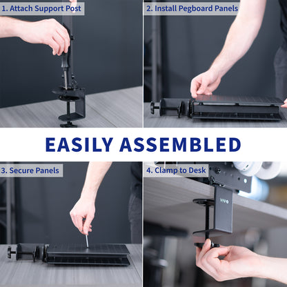 Clamp-on rotating pegboard for storage and privacy with accessories included. Double-sided organization panel featuring flexible placement and an easy assembly process.