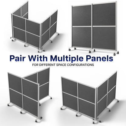 Mobile Modular Wall System Freestanding Room Dividers with text indicating they can be paired with multiple panels for various space configurations.