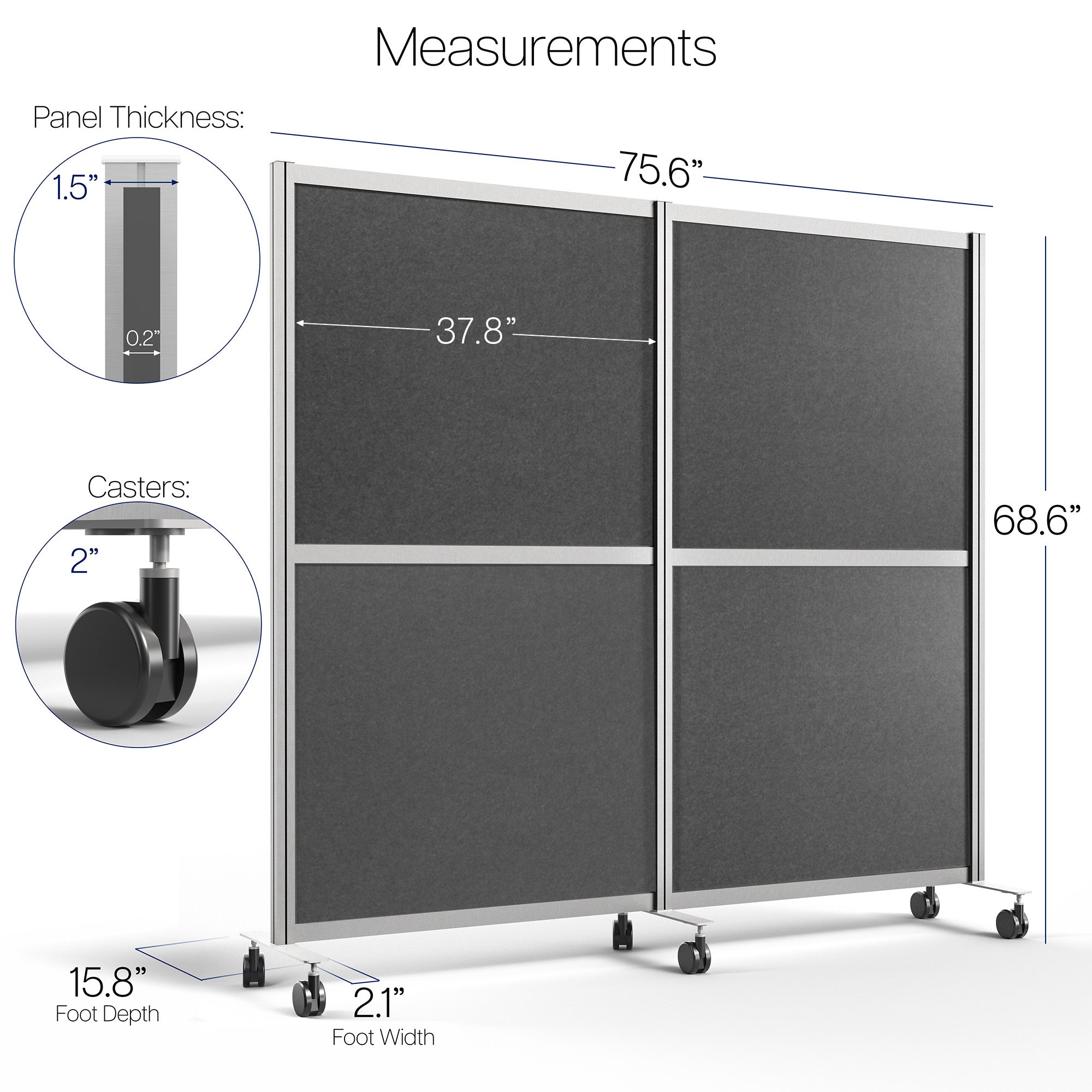 Mobile Modular Wall System Freestanding Room Dividers with measurements on a white background