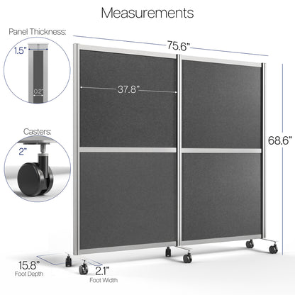 Mobile Modular Wall System Freestanding Room Dividers with measurements on a white background