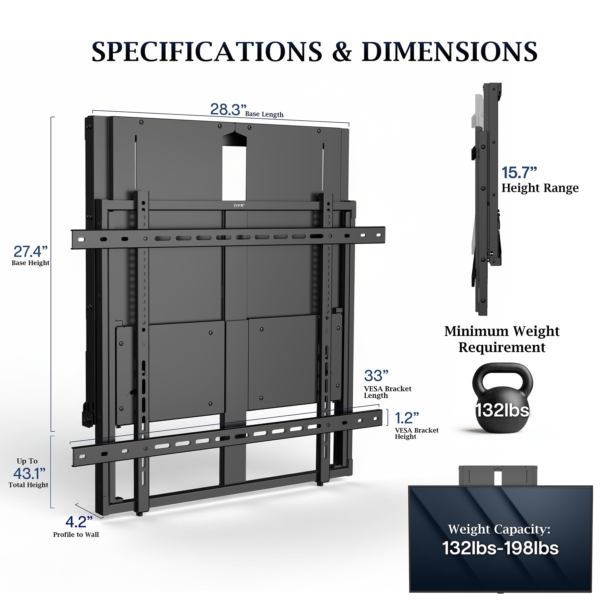 PRO 75”-90” inch Manual Height Adjustable TV and Display Wall Mount Specifications & Dimensions