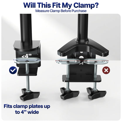 Clamp extension adapter shown with compatible desk clamp configurations for thicker desks and work surfaces