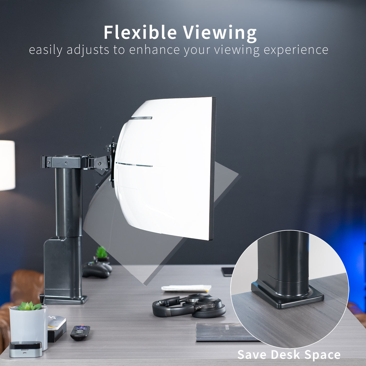 Single monitor ultrawide desk mount with electric height adjustment and full articulation.