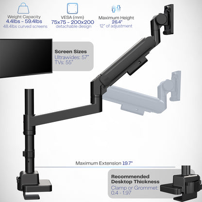 Pneumatic Arm Single Ultrawide Monitor Desk Mount - Up to 57" Screens