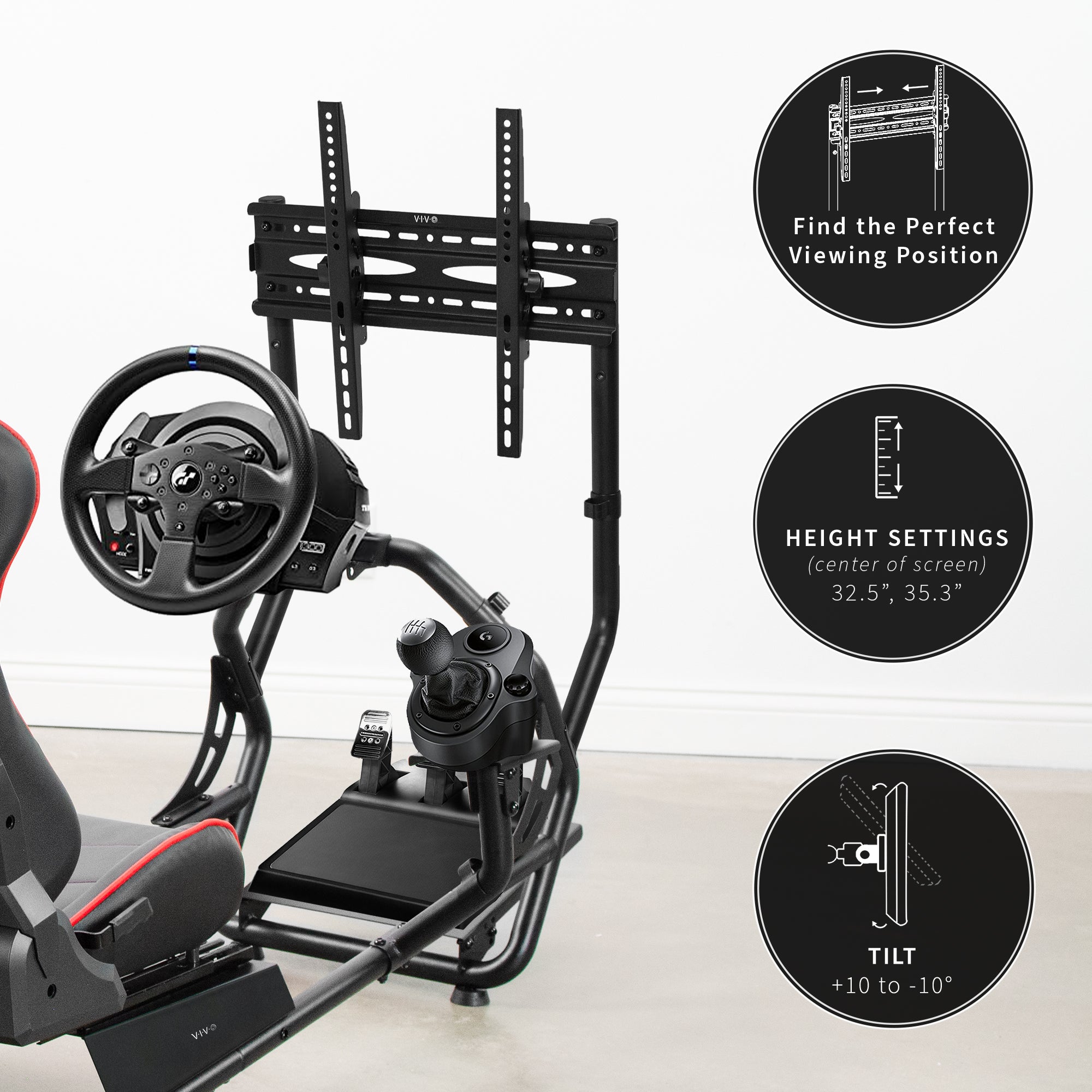 Gaming simulator setup with steering wheel, pedals, and monitor mount on a white background.