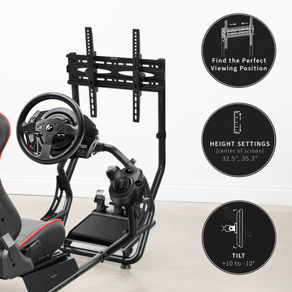 Gaming simulator setup with steering wheel, pedals, and monitor mount on a white background.