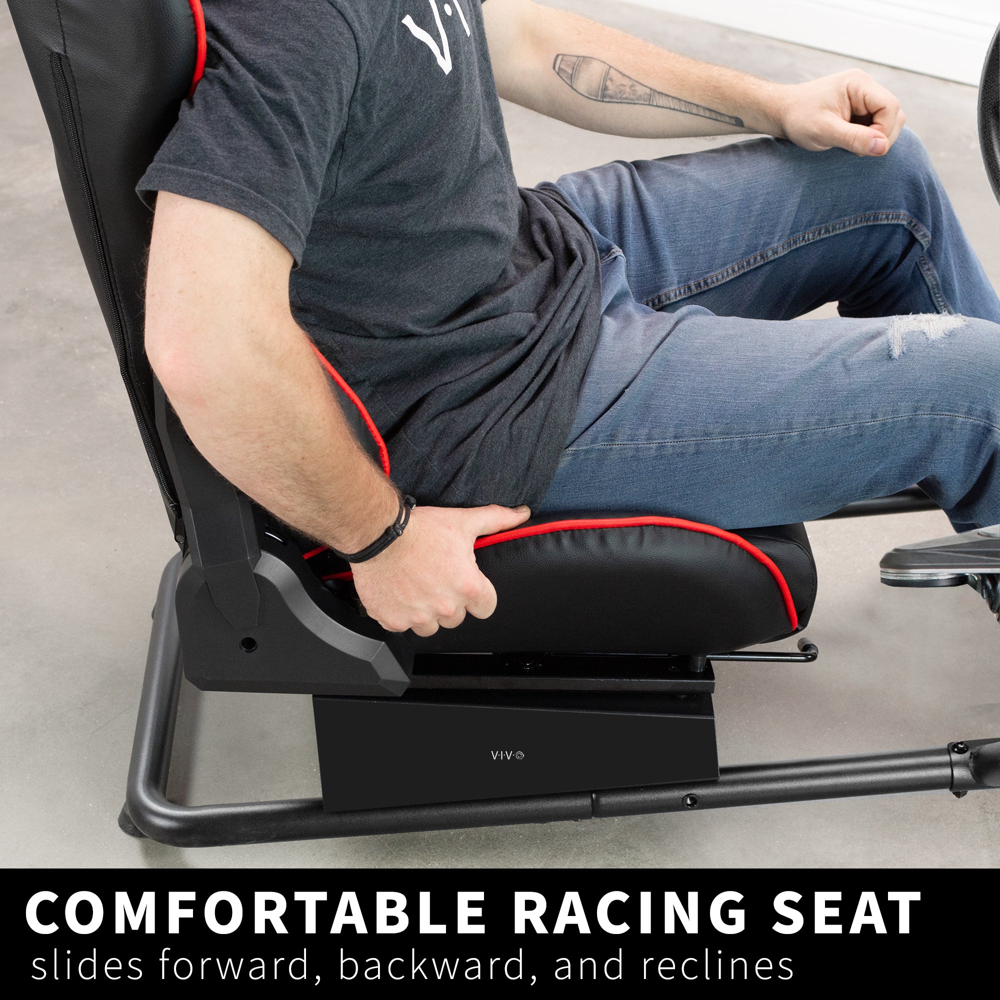 Person sitting on a adjustable racing seat with text highlighting its features.