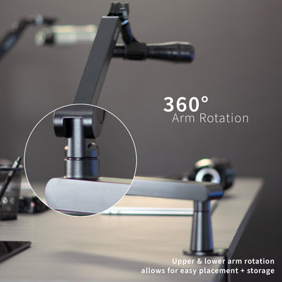 Low height adjustable clamp-on microphone arm desk mount.