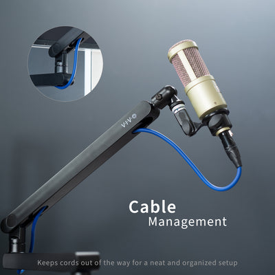 Low height adjustable clamp-on microphone arm desk mount with integrated cable management.