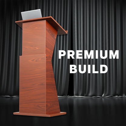 Sturdy modern height adjustable podium with storage shelves.