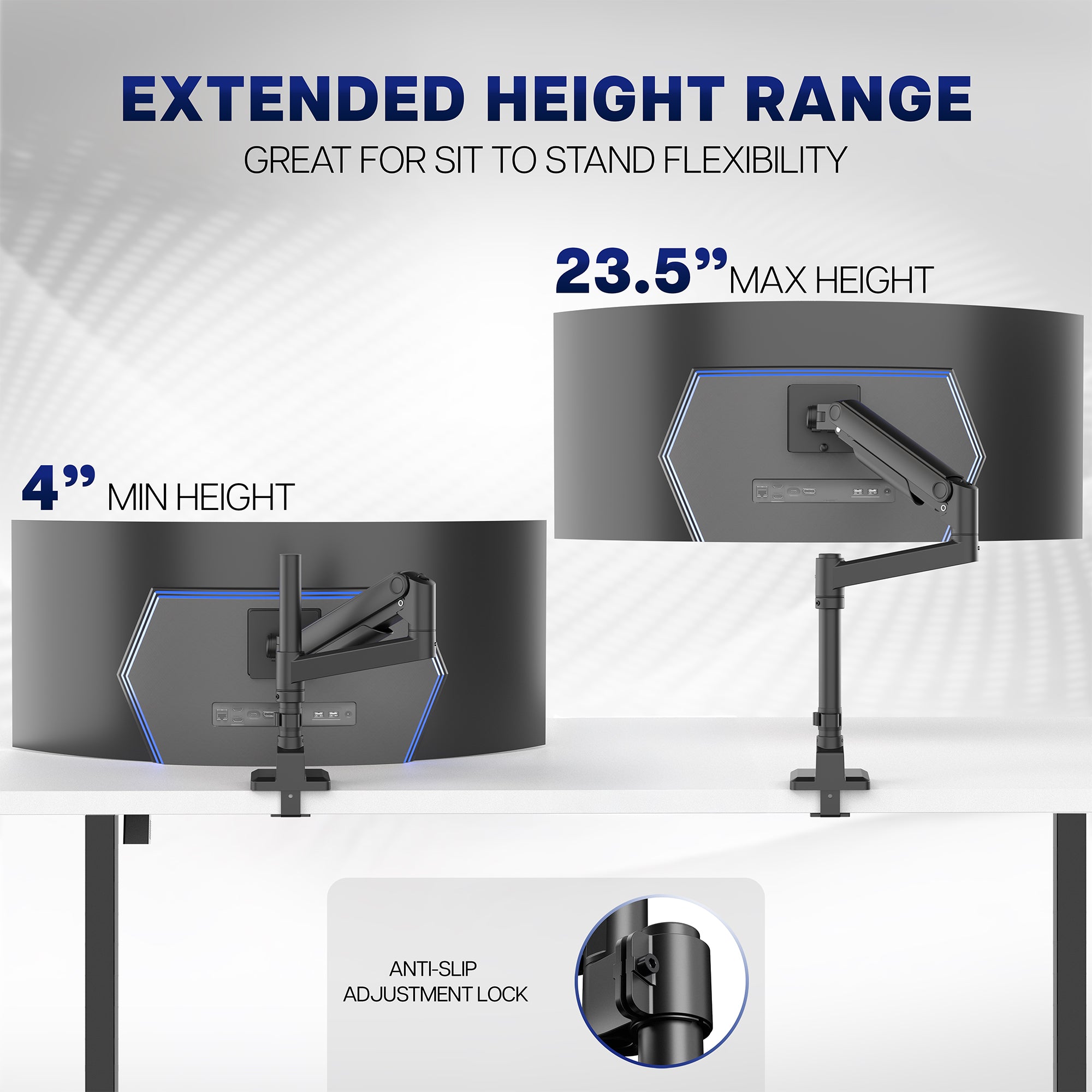 Pneumatic Lift Monitor Desk Mount with adjustable height range on a white background