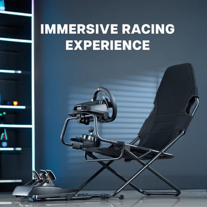 Black gaming chair with steering wheel and pedals on a reflective surface.