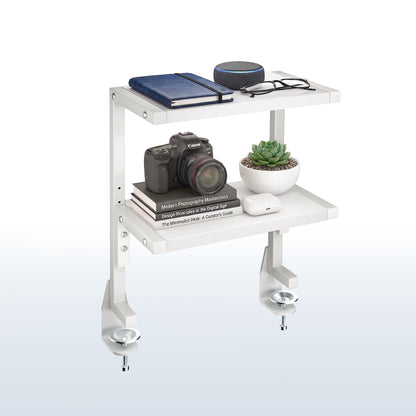 Sleek above desk or below desk clamp-on shelf with two shelves for convenient storage and organization. Lower shelf height adjusts and is removable.
