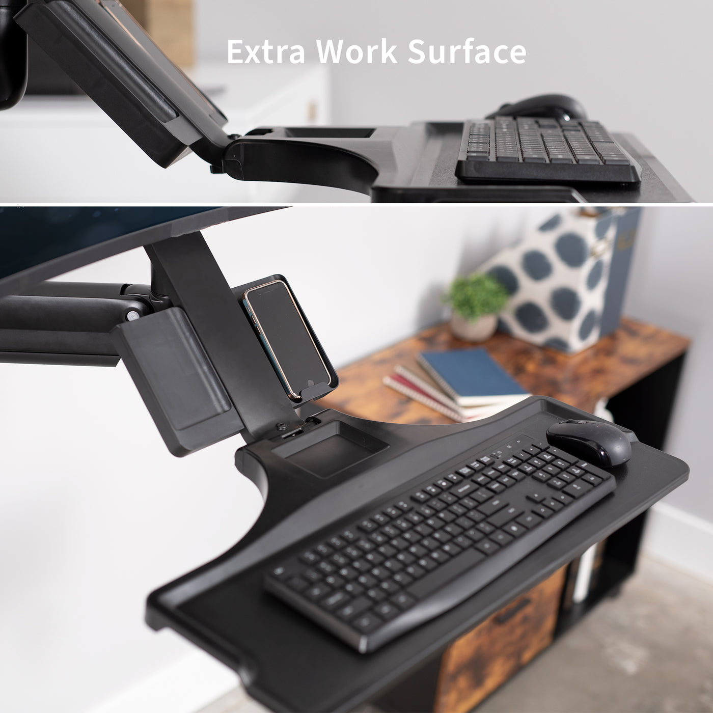 Spacious ergonomic single monitor sit to stand wall mount workstation with keyboard tray.