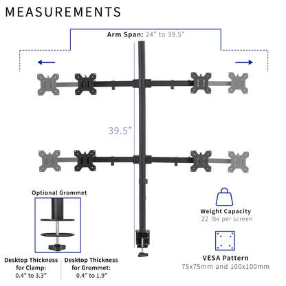 Telescoping quad mount specifications and measurements on a white background