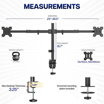 Measurements and specifications of a dual monitor stand with telescoping arms.