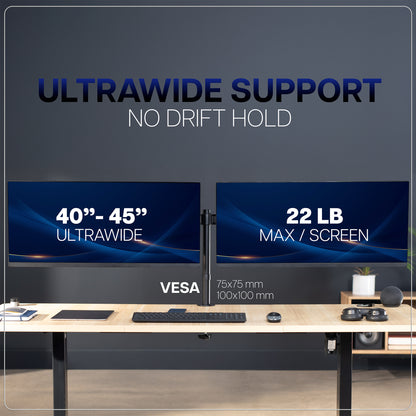 Computer setup with ultrawide monitors on a desk, emphasizing support and specifications.