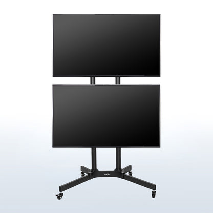 Sturdy mobile adjustable dual monitor screen cart with wheels.